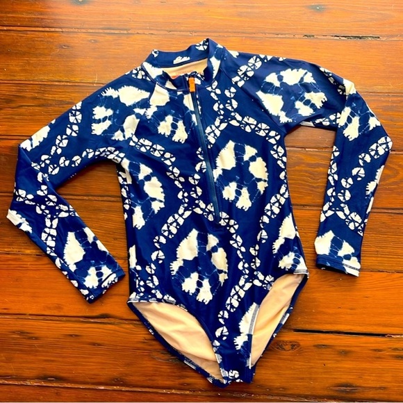 J. Crew CrewCuts batik print long sleeve 1/2 zip long sleeve rash guard swimsuit - Picture 1 of 6